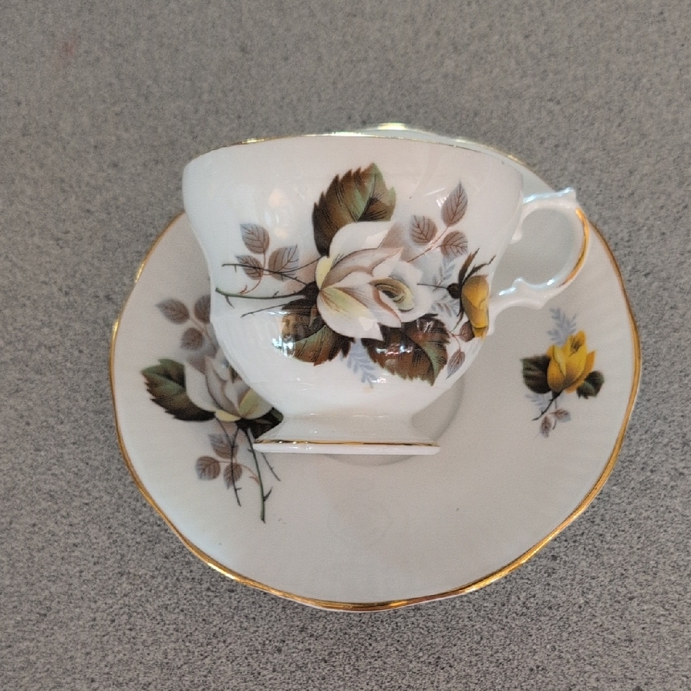 Royal Dover Yellow And White Rose Teacup and Saucer with Gold Trim